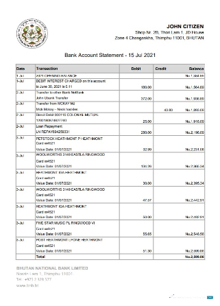 Download Bhutan National bank statement excel Photoshop template